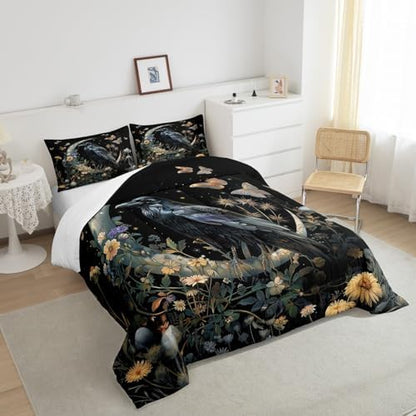 Black Crow Comforter Set Full Size,Moon Daisy Flower and Butterfly Bedding Set,Kids Girls Boys Teens Room Decor,Halloween Theme Animals Plants Quilt Set Boho Trippy Duvet Insert,2 Pillowcases