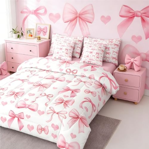Erosebridal Princess Bow Bed in a Bag Queen Comforter Set 7 Piece | Pink Bow Tie Bedding Sets Cute Ribbon Bowknot Comforter and Sheet Set, Girly Kawaii Love Hearts Bed Sets