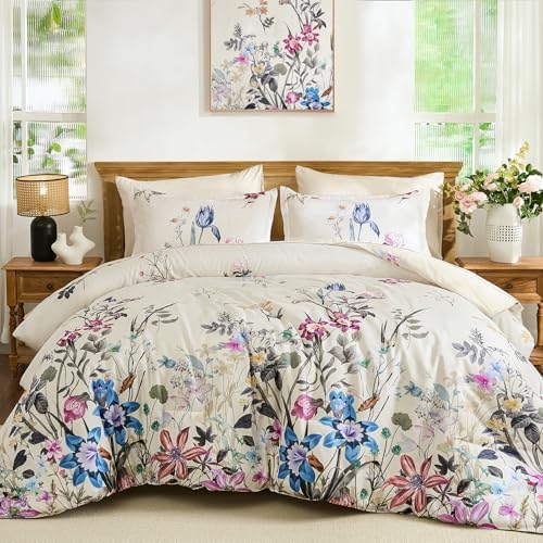 WONGS BEDDING Floral Comforter Set Queen 7 Piece Beige Bedding