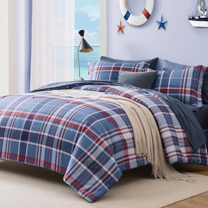 Plaid Queen Comforter Set Navy Red 7 Pieces Farmhouse Bed in a Bag