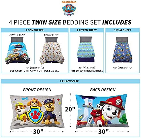 Franco Kids Bedding Super Soft Comforter and Sheet Set, 4 Piece Twin Size, Paw Patrol (Prints may vary)