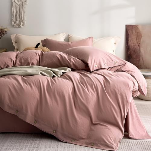 JELLYMONI 100% Washed Cotton Darker Rose Duvet Cover Twin, Linen-Like