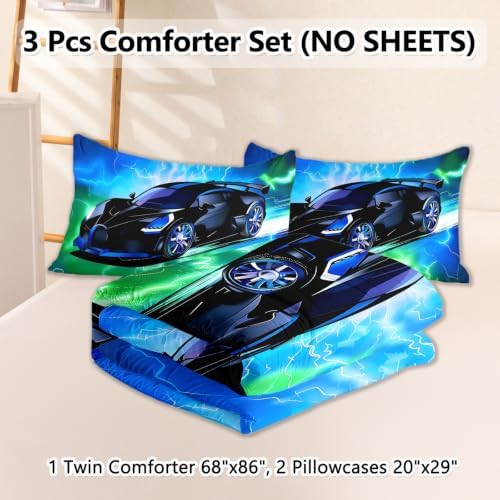 3 Pcs Boys Twin Car Bedding Sets for Teens, Green Blue Lightnings Car Twin Comforter Set for Boys