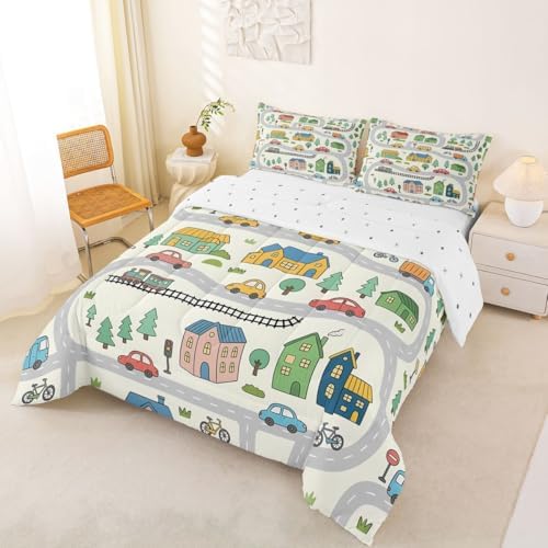 Erosebridal Cartoon City Car Bedding Set Full Cute Bicycle Train Comforter Set for Kids Boys Girls Multicolor Cityscape Down Comforter Transportation Road & Railway Quilt Duvet