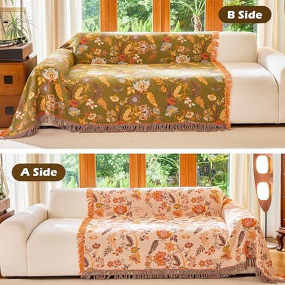 VANJOROY King Boho Throw Blanket 91" x 98", 100% Organic Cotton Breathable Skin-Friendly Ultra Soft Bed Quilt Throw - Floral Rustic Decor Luxury Reversible Blanket for Sofa Couch Chair and Gift