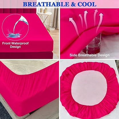 Sufdari Waterproof Mattress Protector, Mattress Cover Twin Size for Bed,18" Deep Pocket Fitted Sheet Style Mattress Protector with Elastic Rubber Band-Deep Pink,Twin
