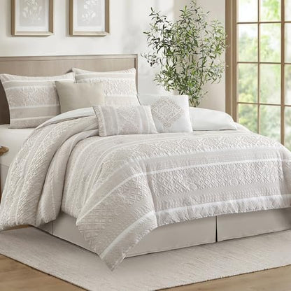 LANCO MODERN LIFESTYLE 7 Piece Queen Comforter Set, Beige, Elegant Jacquard with Patchwork, Stylish and Cozy Bedding Collection, Premium Bedding Set with Bedskirt, Shams and Pillows