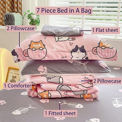 7 Piece Girls Cat Bedding Comforter Set Full Size for Kids Bed in A Bag Pink Cute Light Polyester Pet Cats Bedding Set for Teens and Young Girl