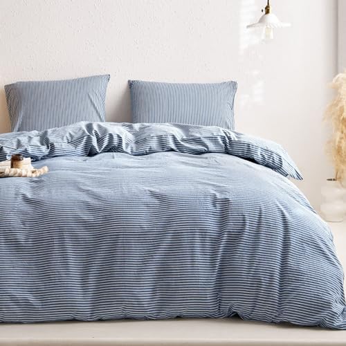 Wake In Cloud Striped Cotton Duvet Cover Set, Denim Blue, Queen