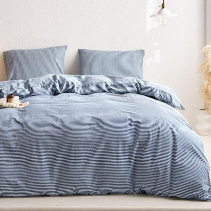 Wake In Cloud Striped Cotton Duvet Cover Set, Denim Blue, Queen