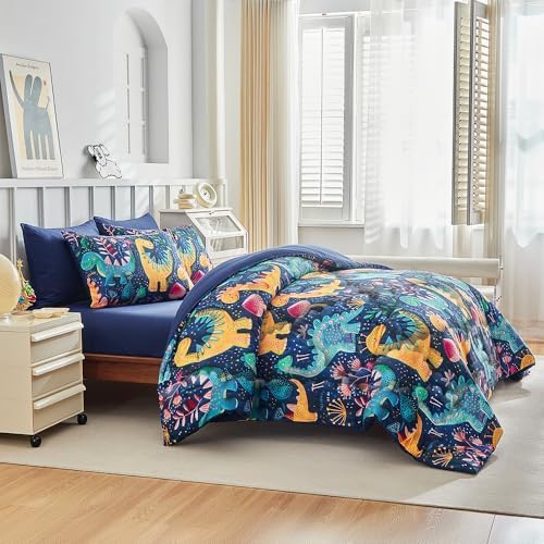 Wajade 7 Piece Dinosaur Comforter Set for Boys 3D Blue Dinosaur Print Bedding Set for Kids Teens Bed in A Bag Queen Size (1 Comforter, 1 Flat Sheet, 1 Fitted Sheet, 2 Pillowcase and 2 Pillow Sham)