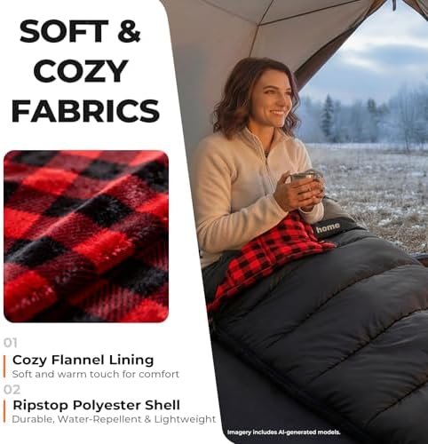 Cotton Flannel XXL Winter Sleeping Bags for Adults Big and Tall,Cold Weather 90x39 Inch Camping Sleep Bag,Waterproof Machine Washable 4 Season Outdoor Camping Gear,2-Way Zipper