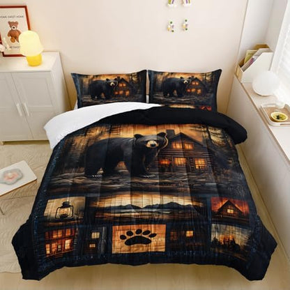Black Bear Comforter Set Queen Size for Boys Kids,Rustic Theme Woodland Cabin Lodge Bear Hunting Bedding Set,Soft Microfiber Wildlife Forest Animals Print Quilt Set