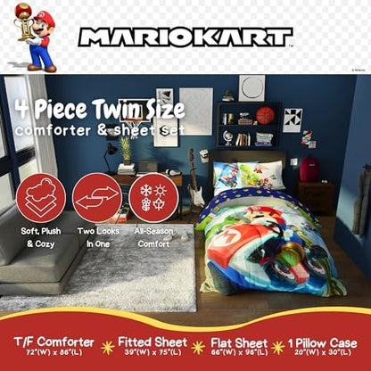 Super Mario Kart Game Kids Bedding Set, Twin Size, 4-Piece Super Soft Cozy Reversible Comforter & Sheet Set (Officially Licensed Product) by Franco