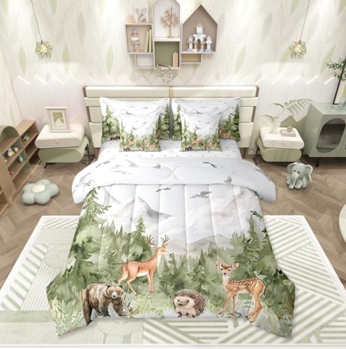 Erosebridal Giant Mountain Forest 7 Piece Bedding Set Full Woodland Animal Comforter Set Jungle Deer Bear Hedgehog Birds Pine Trees Comforter Wildlife Hunting Botanical Sheets for Kids Boys