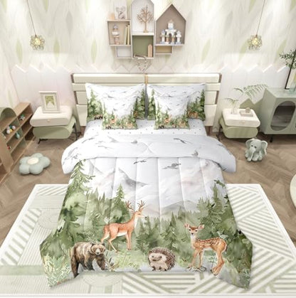 Erosebridal Giant Mountain Forest 7 Piece Bedding Set Full Woodland Animal Comforter Set Jungle Deer Bear Hedgehog Birds Pine Trees Comforter Wildlife Hunting Botanical Sheets for Kids Boys