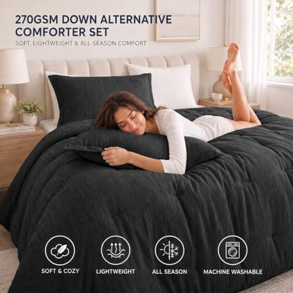CozyLux Oversized Queen Comforter Set 98x98, Heathered Black, 3 Pieces