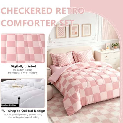 Feelyou Checkered Retro 7 Piece Bedding Set Teen Women Men Pink Gradient Plaid Comforter Set with Sheets Twin Size Kids Boys Geometric Vintage Bed in a Bag Modern Simple Groovy Aesthetic Room Decor
