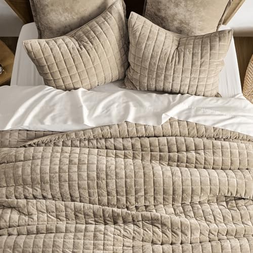 RECYCO Channel Box Stitch Velvet Quilt Set, Twin/Twin XL Size, Urban Taupe