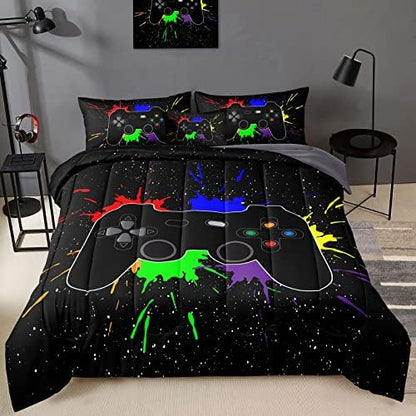 BDUCOK 6 Pieces Gamer Comforter Set for Boys Gaming Bedding Set Full Size,Video Game Controller Comforter for Boys Kids Adult 3D Gamepad Microfiber Bedding Sets 6 Pieces Bed in A Bag Sets3001,Full