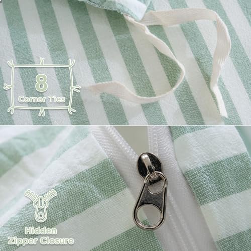 TOCOMOA Sage Green Striped Duvet Cover Set Washed Cotton Like Linen, Queen