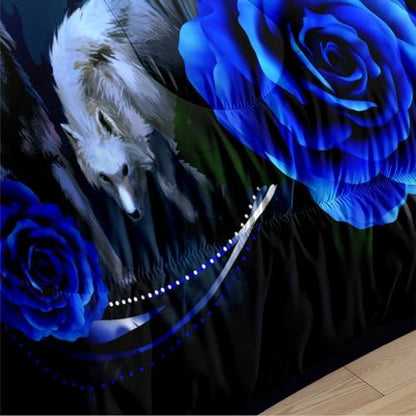 CCoutueChen Wolf Comforter Set Twin Size, Blue Rose Moon Gothic Bedding
