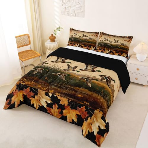 Feelyou Mallard Duck Bedding Set Soft for Boys Girls, Wild Duck Hunting Comforter Set Queen Size Cabin Farmhouse Duvet Quilt Microfiber Maple Leaf Bedroom Decor 3 Pcs with 2 Pillow Cases