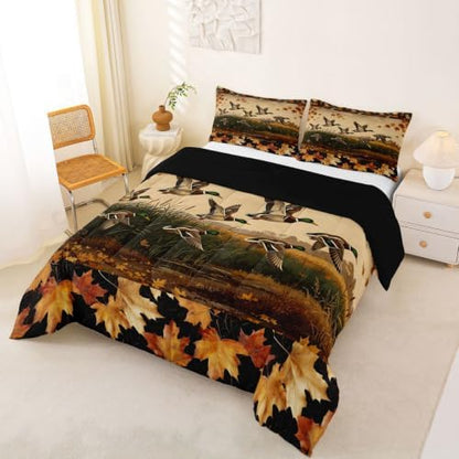 Feelyou Mallard Duck Bedding Set Soft for Boys Girls, Wild Duck Hunting Comforter Set Queen Size Cabin Farmhouse Duvet Quilt Microfiber Maple Leaf Bedroom Decor 3 Pcs with 2 Pillow Cases