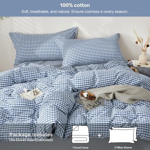 SAPHREAS Gingham Duvet Cover Set Queen Size, 100% Washed Cotton Linen Like Plaid Comforter Cover with Zipper Closure & Corner Ties (No Comforter), 90x90 Navy