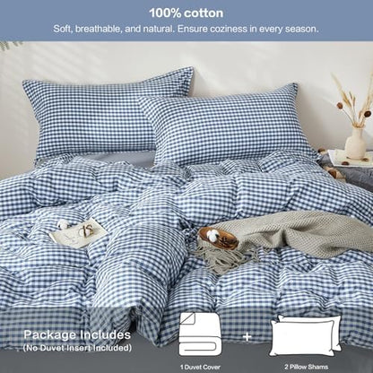 SAPHREAS Gingham Duvet Cover Set Queen Size, 100% Washed Cotton Linen Like Plaid Comforter Cover with Zipper Closure & Corner Ties (No Comforter), 90x90 Navy