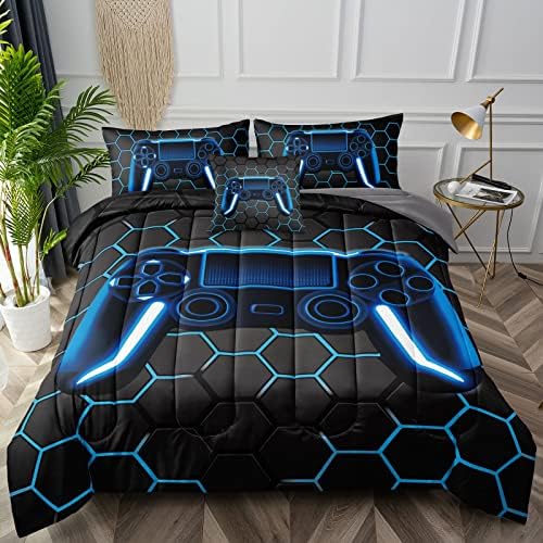 BDUCOK 6 Piece Gamer Comforter Sets Bed in A Bag for Boys Teen Kids,Honeycomb Gaming Bedding Sets Gamepad Comforter Microfiber Bed Set for All Season Gamer Home Decor(Blue, 6 Piece Sets30022-Queen)