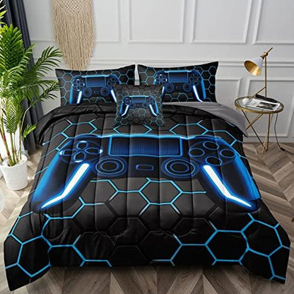 BDUCOK 6 Piece Gamer Comforter Sets Bed in A Bag for Boys Teen Kids,Honeycomb Gaming Bedding Sets Gamepad Comforter Microfiber Bed Set for All Season Gamer Home Decor(Blue, 6 Piece Sets30022-Queen)
