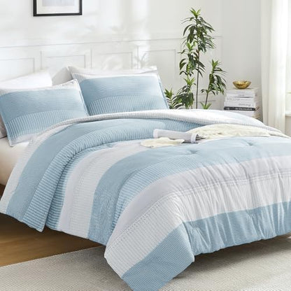 Litanika Light Blue California King Comforter Set - 3 Pieces Stripe Bed Set
