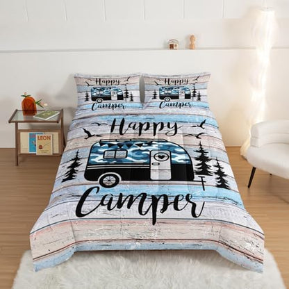 HOSIMA Teens Happy Camping Decor Full Comforter Set with 2 Pillowcases.