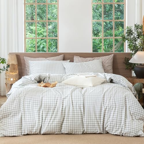 MooMee Gingham Duvet Cover Set 100% Washed Cotton Linen Like