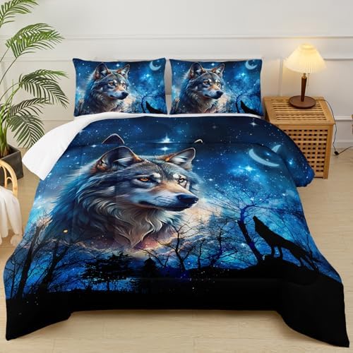 Wolf Comforter Set King for Boys Girls,Wolf Night Moon Galaxy Bed Set,Woodland Wild Animals Theme Comforter Set with 2 Pillowcase,Rustic Blue Black Bedding Set for Bedroom Decor