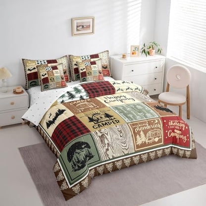 Erosebridal 7 Piece Kids Camping King Comforter Set,Rustic Cabin Decor Rv Camper Bedding Set for Travel Trailers Accessories,Buffalo Plaid Bed Set with Sheets,Woodland Bed in a Bag with Pillowcases