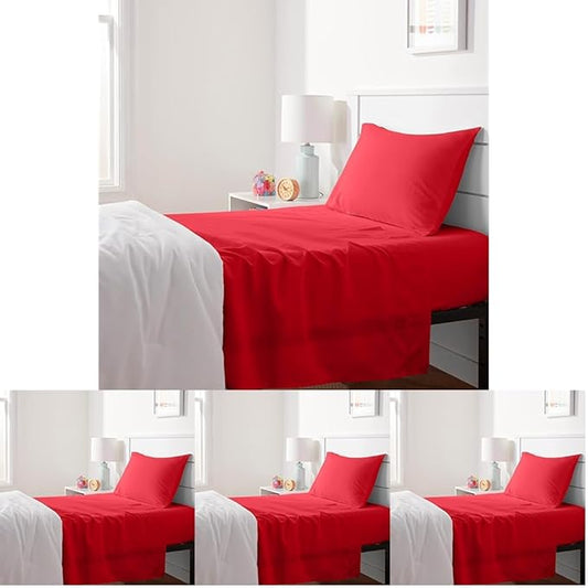 Amazon Basics Kid's Soft Easy-Wash Lightweight Microfiber 3-Piece Sheet Set, Twin, Red, Solid (Pack of 4)