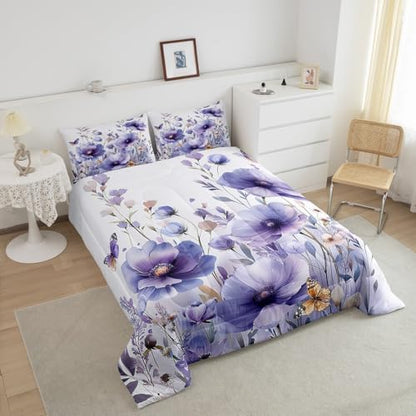 jejeloiu Purple Floral Flower Comforter Set Twin Size Kids Wildflower Bedding Set for Boys Girls Teens Botanical Duvet Breathable Blossom Plant Quilt Bedroom Decor,1 Comforter with 1 Pillowcase