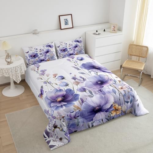 jejeloiu Purple Floral Flower Comforter Set Full Size Kids Wildflower Bedding Set for Boys Girls Teens Botanical Duvet Breathable Blossom Plant Quilt Bedroom Decor,1 Comforter with 2 Pillowcase