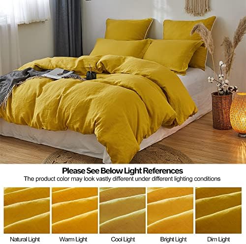 Simple&Opulence 100% Linen Duvet Cover Set 3pcs Basic Style Natural French Washed Flax Solid Color Soft Breathable Farmhouse Bedding with Button Closure - Mustard Yellow, King
