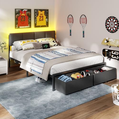 Furnulem Queen Bed Frame with Adjustable Headboard and Storage Drawers