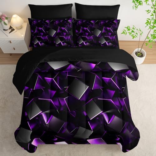 Nttopship Purple and Black Geometric Comforter Set Full Size 7PCS,Abstract Triangular Printed Bedding Set for Adults,Geometric Mordern Art Decor All Seasons with Pillowcases,Flat, Fitted Sheet