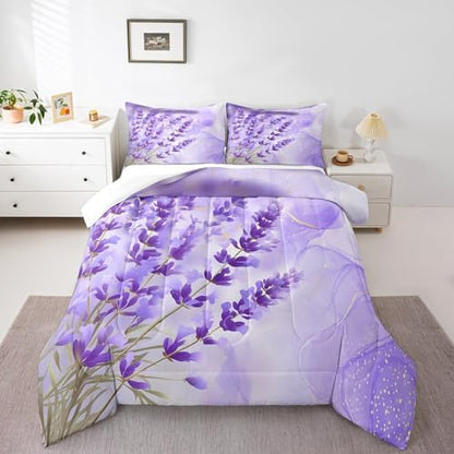 Manfei Lavender Comforter Set King Size, Purple Flower Bedding Set 3pcs for Kids Girls Teens Room Decor, Botanical Floral Print Quilt Set with 2 Pillowcases