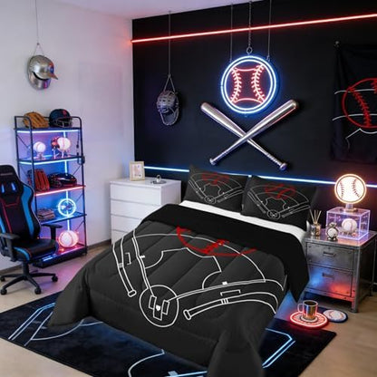 Baseball Field Print Bedding Comforters Queen Size,Boys Ball Sports Games Themed Comforter Set with 2 Pillowcases,Red Baseball Bat Sporting Equipment 3pcs Children Adult Polyester Duvet Set
