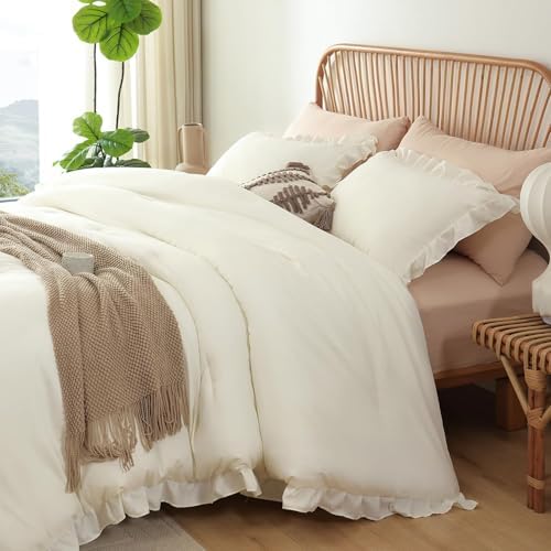 JANZAA Cream White Comforter Set Oversized King, Ruffle Soft Bedding
