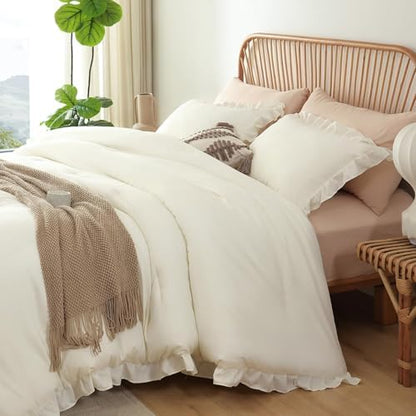 JANZAA Cream White Comforter Set Oversized King, Ruffle Soft Bedding