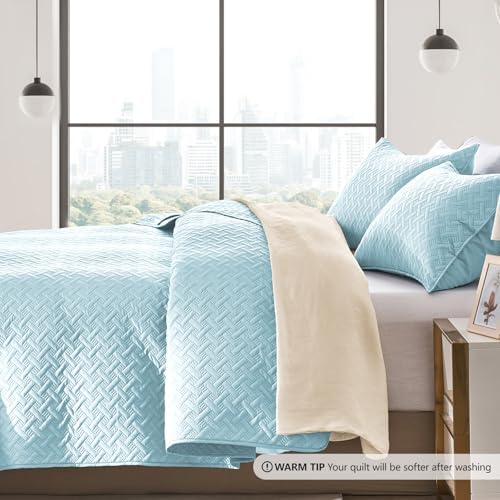 FLYMME Quilts Queen Size, Lightweight Sky Blue Bedspreads, Basket Weave Pattern,Ultra Soft Microfiber Bed Coverlet 3 Pieces for All-Season (1 Quilt, 2 Shams)