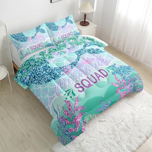 Nttopship Mermaid Tail Comforter Sets Queen Size，Bedding Sets for Kids,Mermaids Turtles Starfish Comforter Sets，Kids Room Decor with 1 Comforter with 2 Pillow Case