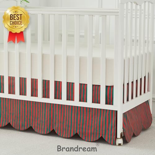 Brandream Scallop Edge Cotton Crib Skirt Toddler Bedskirt Boho Farmhouse Baby Nursery Bedding Neutral Solid Color with Red Green Stripes Christmas Holiday Chic